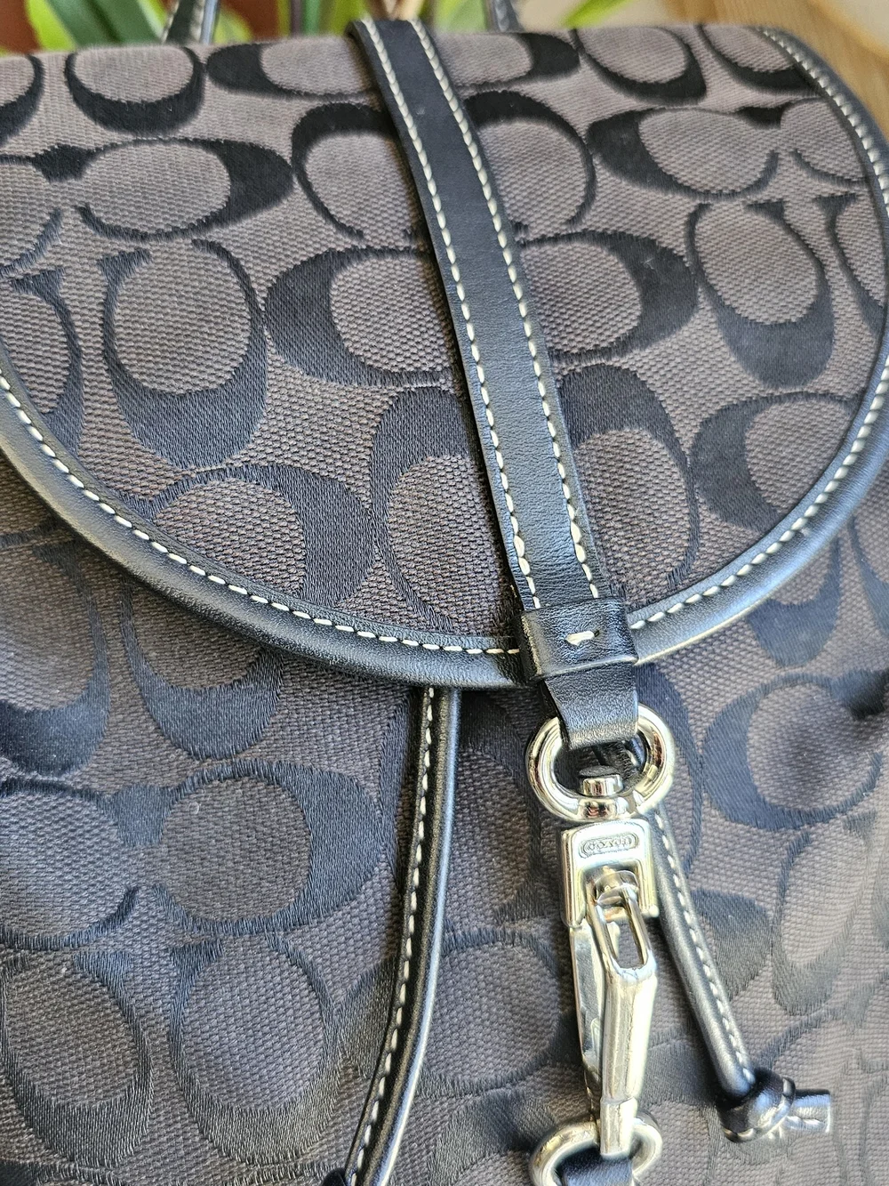 Vintage Coach Signature Canvas Drawstring Backpack Black Leather Trim Monogram